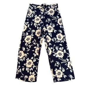 Talbots Womens Floral Wide Leg Pants Tie Waist Size L Navy Blue Boho Resortwear